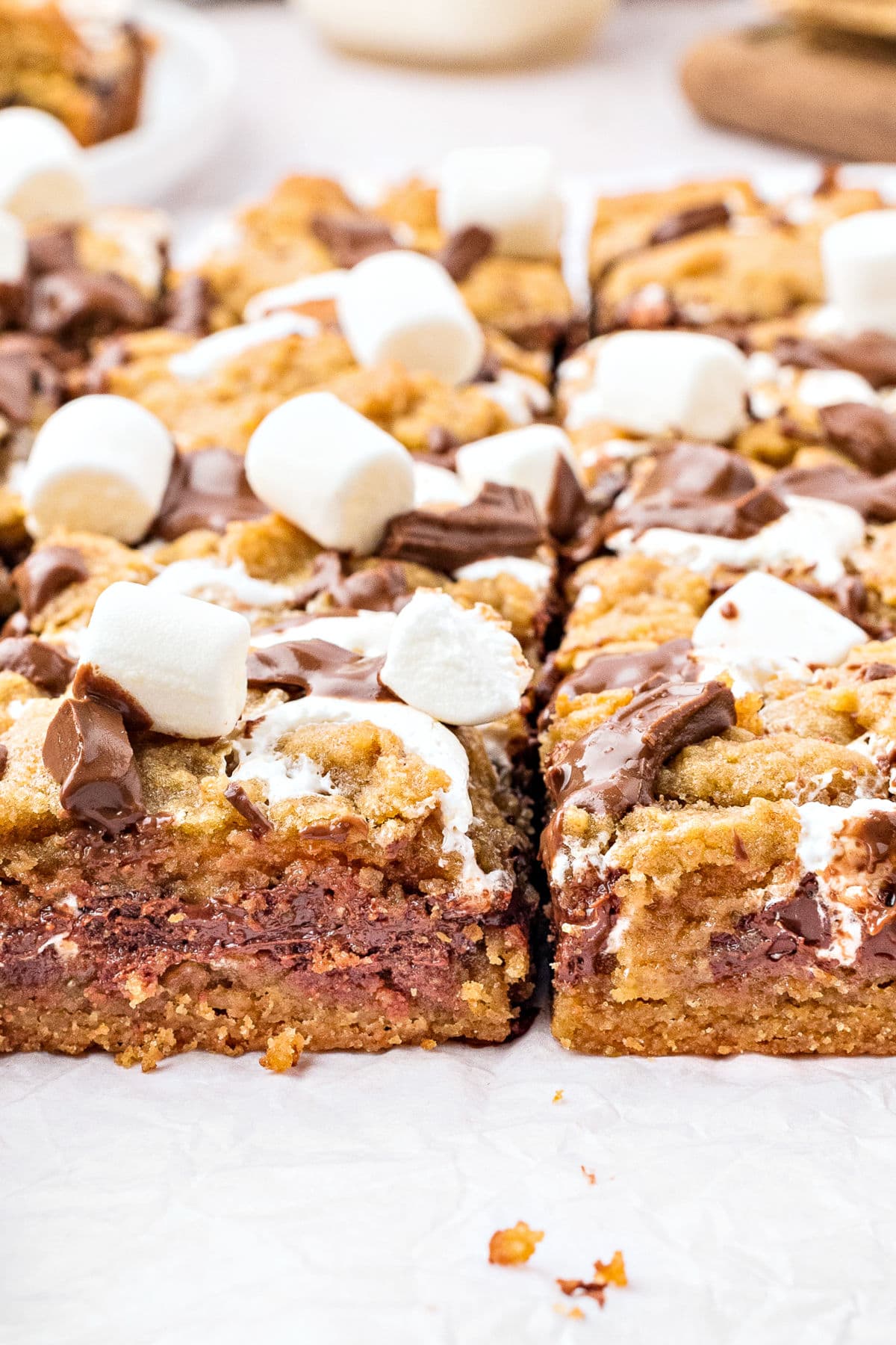 Two rows of s'mores bars on white parchment paper.