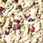 Red and white text overlay on chicken cranberry salad close up.
