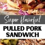 White and black text overlay on pulled pork burger and board.