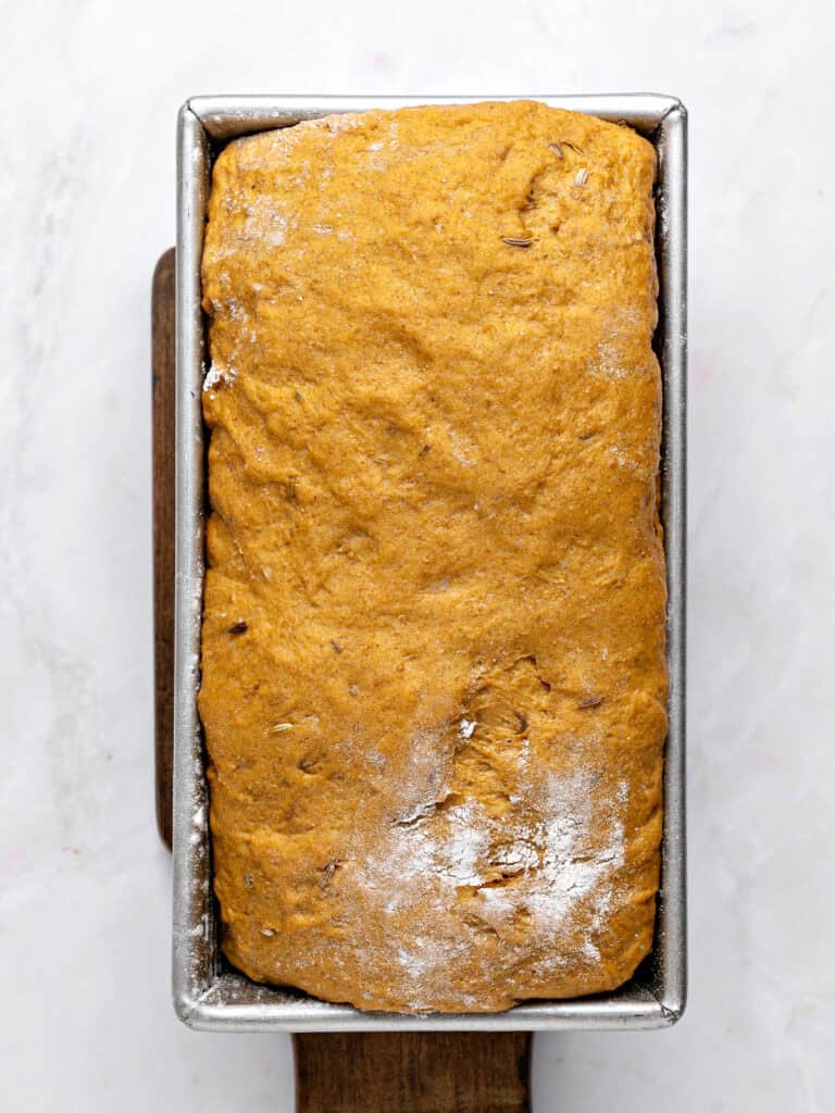 Rised rye bread loaf in a metal pan. Light gray background.