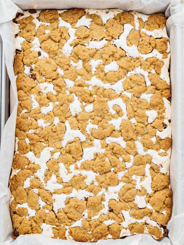 Baked s'mores bars in a rectangular pan with parchment paper.