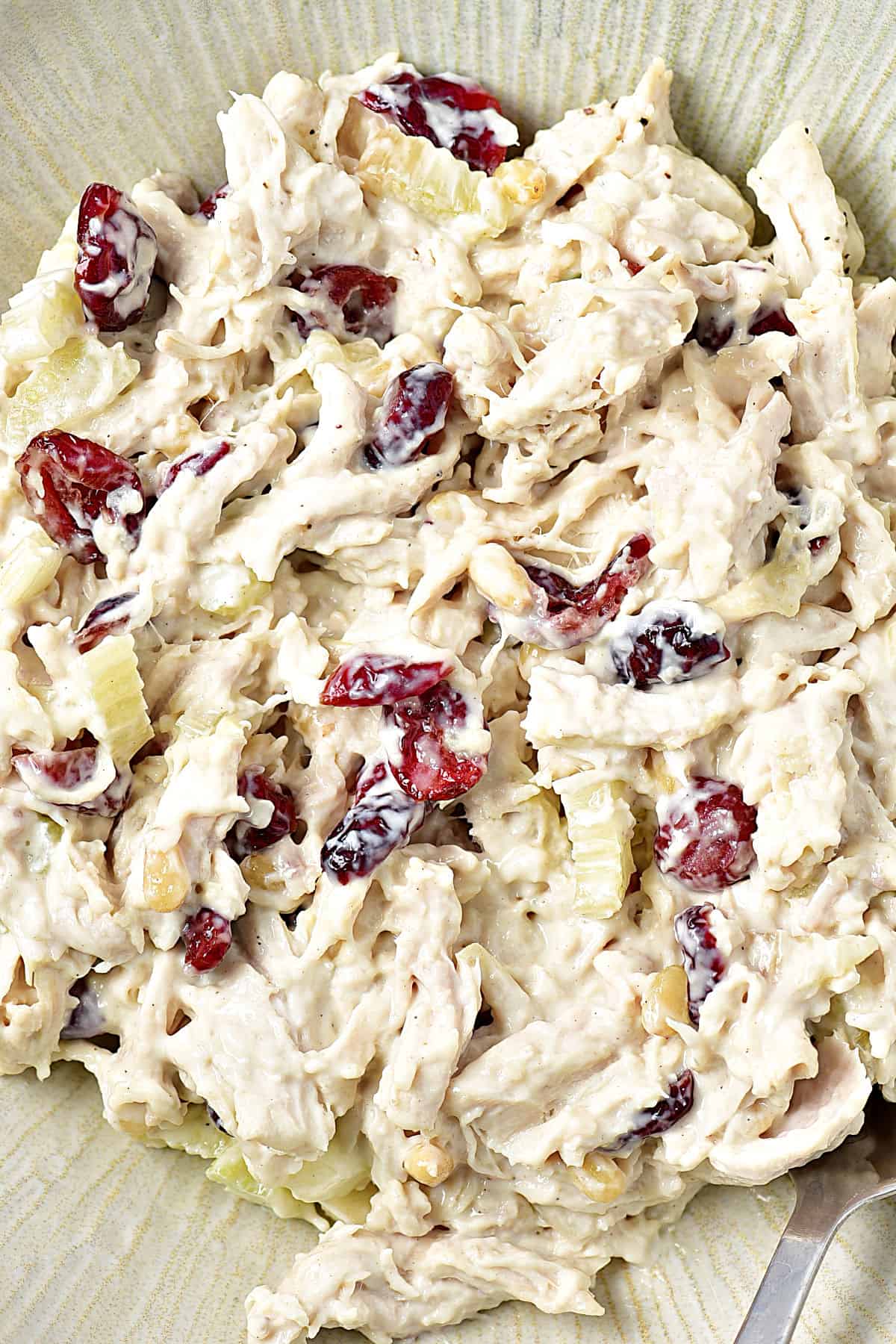 Close up chicken cran salad in a light gray bowl.