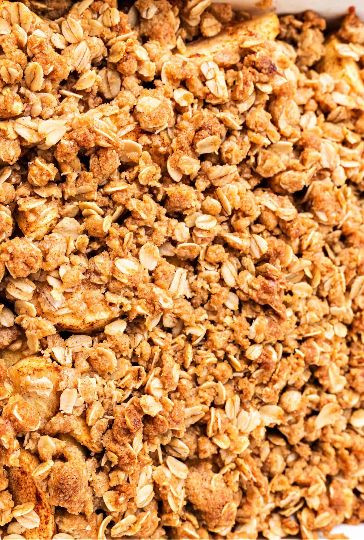 Close up baked crumble oat topping.