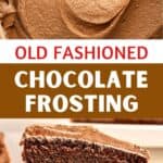 Brown, white and red text overlay on two images of chocolate frosting and cake.