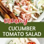 Green, white and red text overlay on tomato cucumber salad and ingredients.