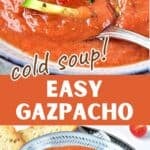 Red, white and brown text overlay on bowls of gazpacho.