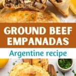 Brown, white and teal text overlay on whole and halved beef empanadas.