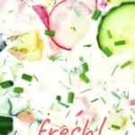 Green, pink and white text overlay on close up Okroshka soup.