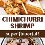 Brown and white text overlay on two images of chimichurri shrimp.