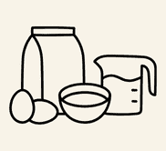 Outline of milk, eggs, bowl and jar on a beige background.