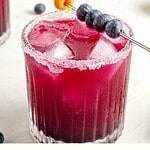 White and black text overlay on two images of blueberry margarita.