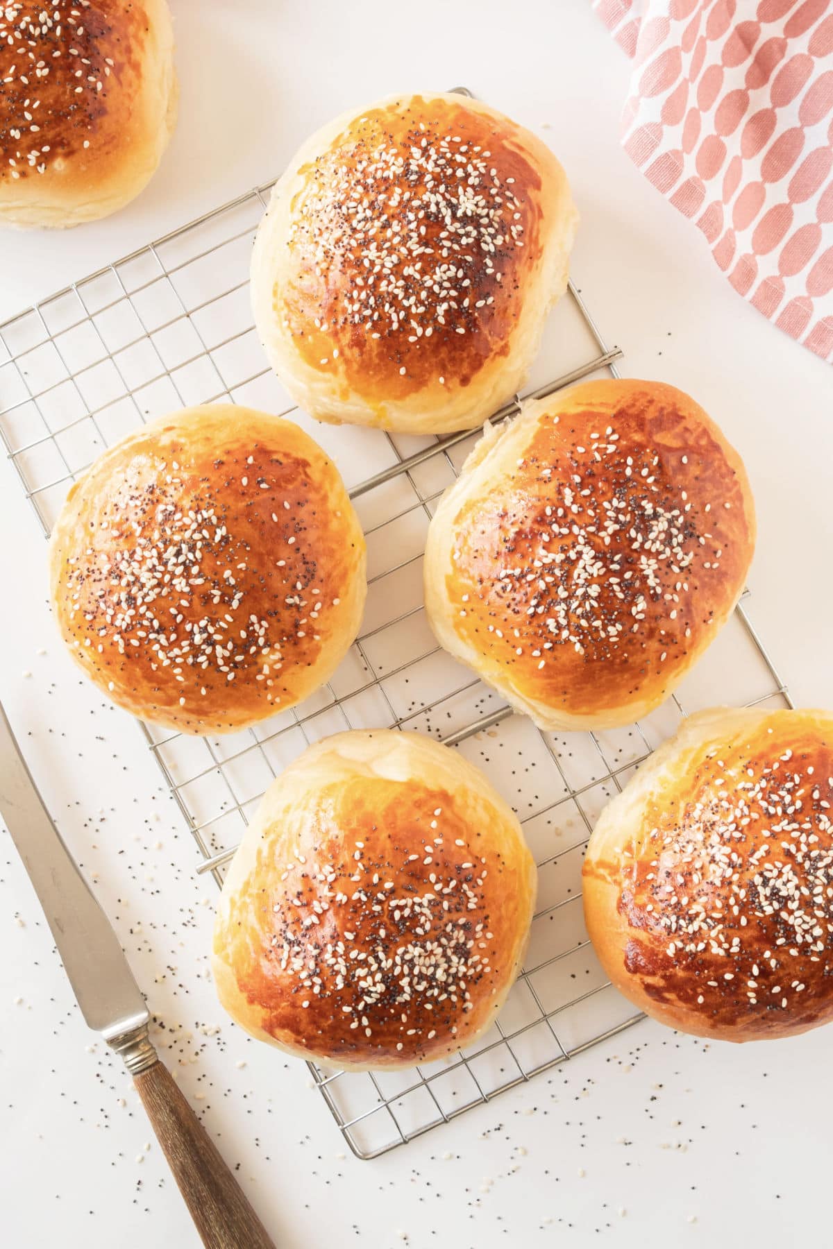 Wire rack with sesame-topped hamburger buns. White background.