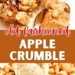 Brown, white and red text overlay on two images of apple crumble.