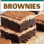 Green, white and brown text overlay on two images of tiramisu brownies.