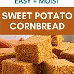 White, brown and green text overlay on sweet potato cornbread squares.