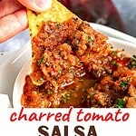 Dark brown, red and white text overlay on two images of salsa ranchera with chips.