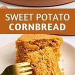 Brown and white text overlay on plate of sweet potato cornbread squares.