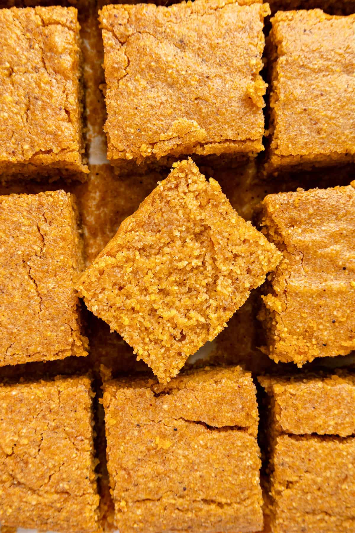 Flat top view of sweet potato cornbread squares.