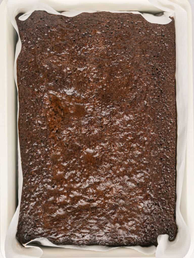 Brownies in a rectangular, parchment-lined pan.
