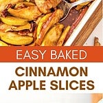 Orange, brown and white text overlay on two images of baked apple slices.