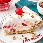 Teal, red and white text overlay on slice of millionaire pie.