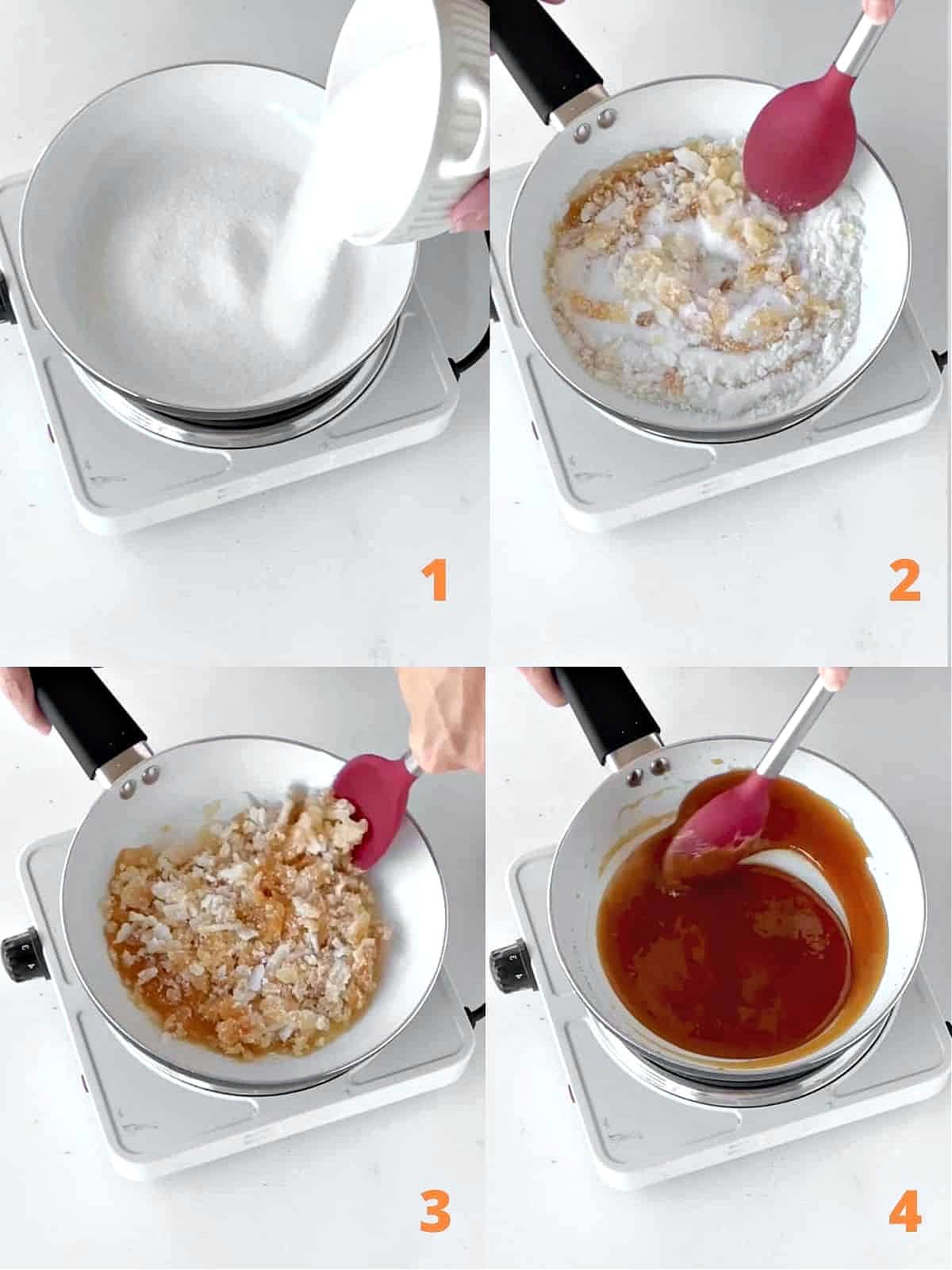 Four image collage showing caramel being made in a white skillet on a white table.
