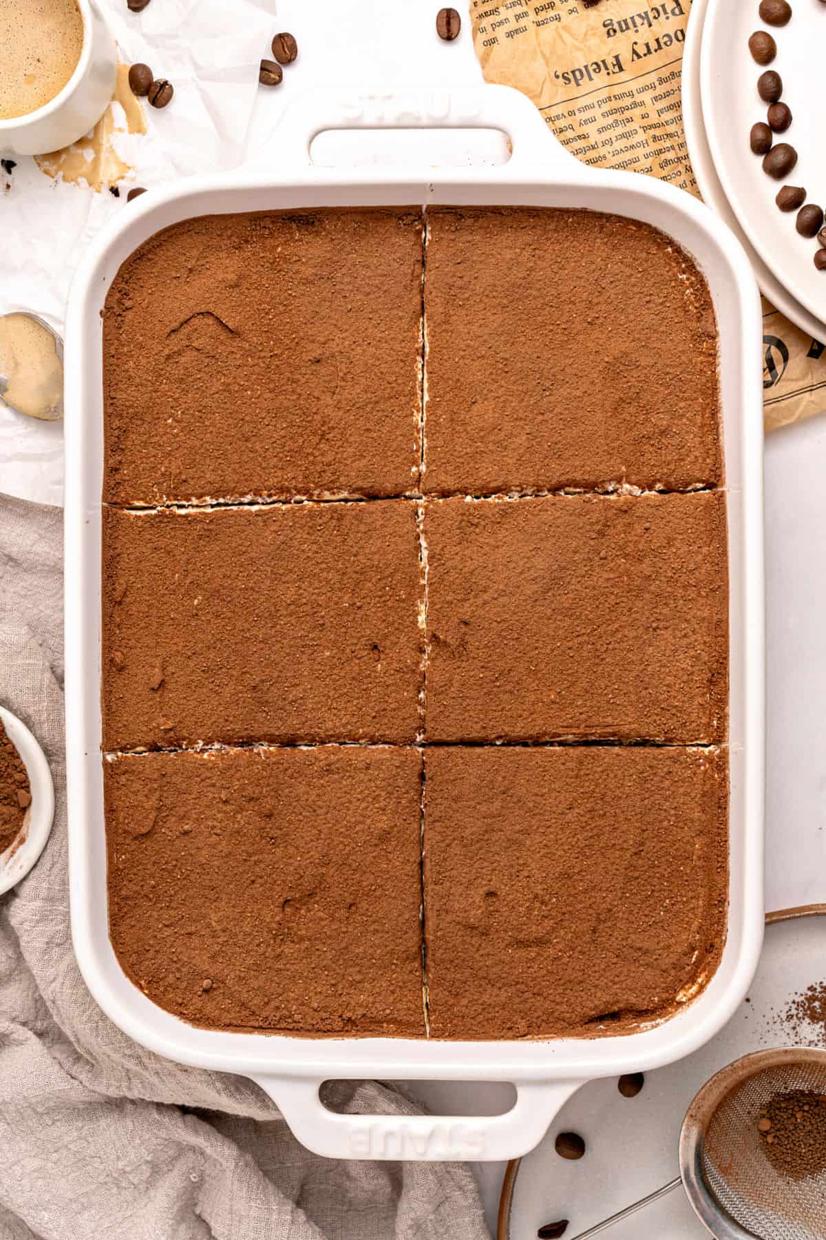 Top view of cocoa-dusted dessert in a white rectangular dish.