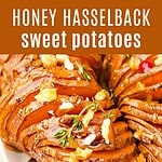Brown and white text overlay on close up hasselback sweet potatoes.