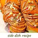 White and brown text overlay on two images of sliced and hasselback honey sweet potatoes.