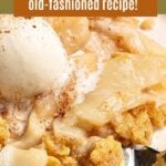 Brown and green text overlay on close up pear crumble with ice cream.