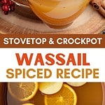 Brown and white text overlay of pot and glass cup of apple wassail.