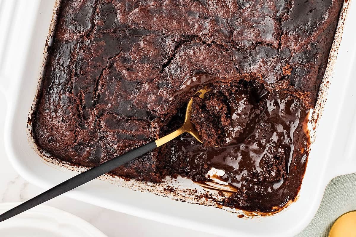 Close up white square dish with brownie pudding cake. Spoon inside.