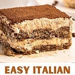 Serving and dish of tiramisu. Brown and red text overlay.