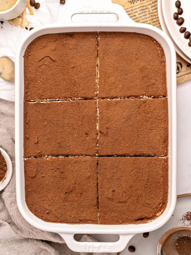 Top view of cocoa-dusted dessert in a white rectangular dish.