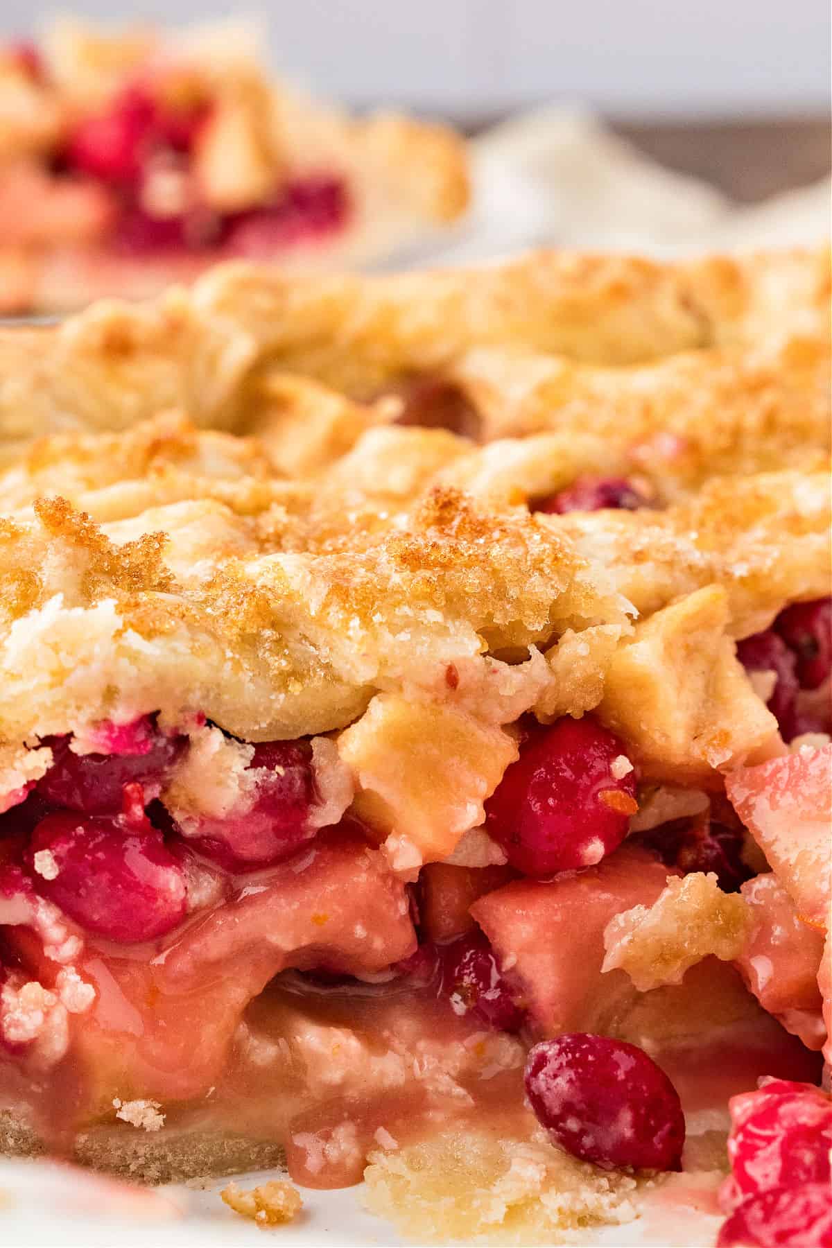Close up apple cranberry pie serving.
