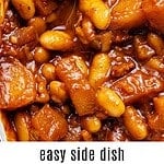 Brown and white text overlay on baked beans, apples and bacon.
