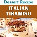 Spoon and glass cup of tiramisu. Blue, white and brown text overlay.