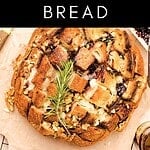 Whole and bite of cheese and jam grid style bread loaf. White and black text overlay.