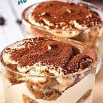 Two glasses with tiramisu. Brown, teal and white text overlay.