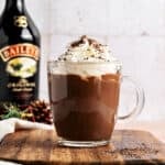 Mug of hot chocolate and whipped cream on a wooden board. Baileys bottle. Grayish background.