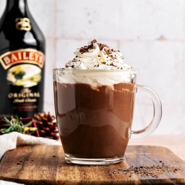 Mug of hot chocolate and whipped cream on a wooden board. Baileys bottle. Grayish background.