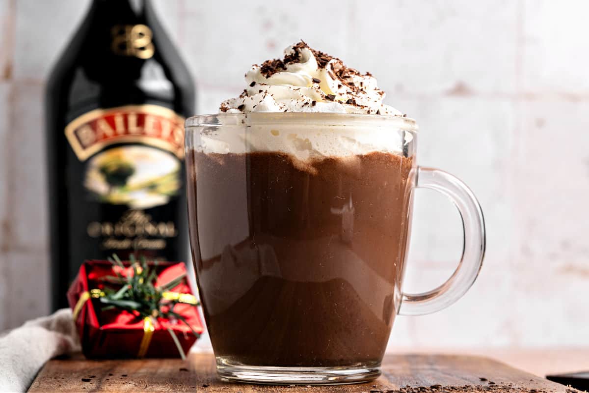 Grayish background with mug of hot chocolate and cream topping. Baileys bottle.