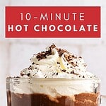 Red, brown and white text overlay on glass mug with hot chocolate and whipped cream.