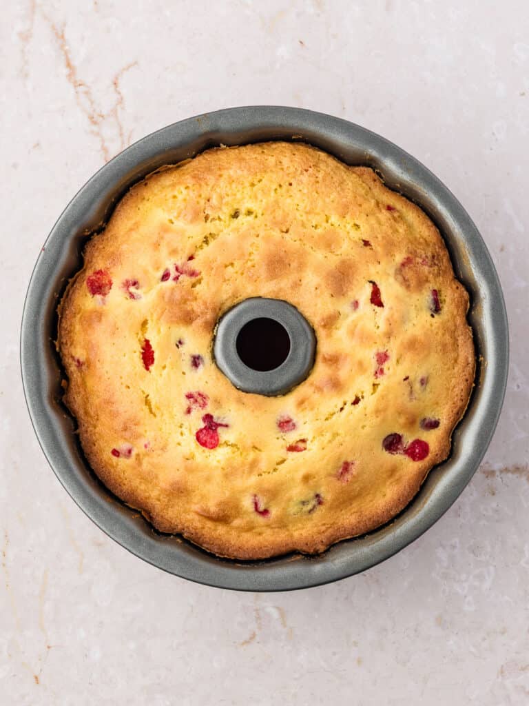 Baked cranberry bundt cake in the pan. Marbled background.