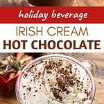 Two image collage of hot chocolate with whipped cream. Red and brown text overlay.