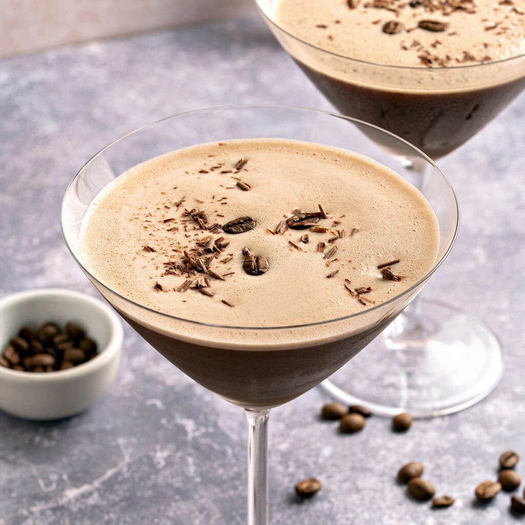 Purplish background with two chocolate espresso martini glasses.