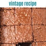 Frosted chocolate walnut cake with teal, brown and white text overlay.