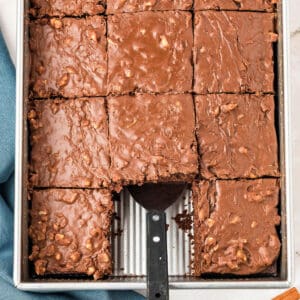 Metal pan with chocolate walnut sheet cake. Spatula, square missing.