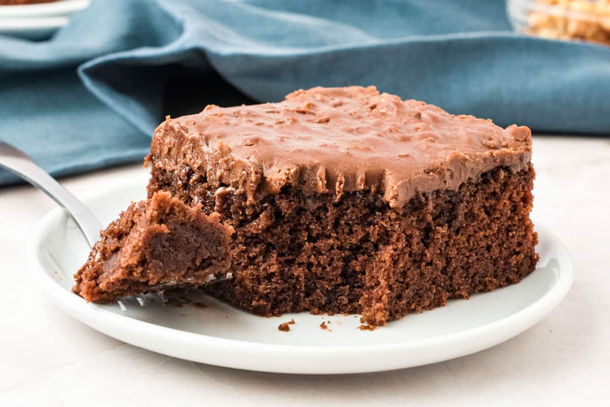 Forked square of frosted chocolate cake on a white plate. Blue towel background.