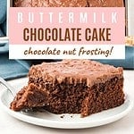 Pink brown text overlay on two images of whole and squares of frosted chocolate cake.
